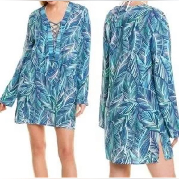 LA BLANCA Sketched Leaves Long Sleeve Tunic Swim Cover-Up Large NO FOR SALE - Picture 10 of 13